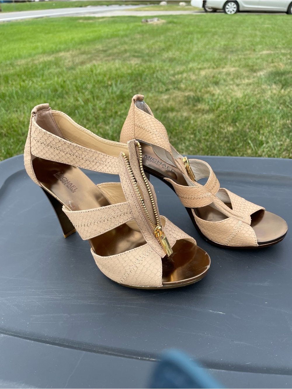 Michael Kors Beige Strappy Peep-Toe Zip High Heels